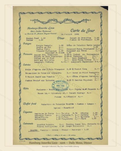 Vintage menu preview — 1906 Vintage Dinner Menu — On Board "Kaiserin Auguste Victoria", Classic NYC Fre