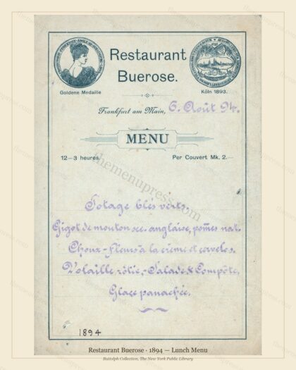Vintage menu preview — 1894 Vintage Lunch Menu — Frankfurt Am Main, Germany, Classic NYC French Restaur