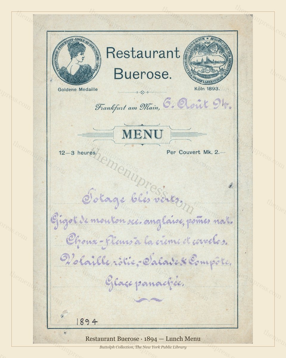 Vintage menu preview — 1894 Vintage Lunch Menu — Frankfurt Am Main, Germany, Classic NYC French Restaur