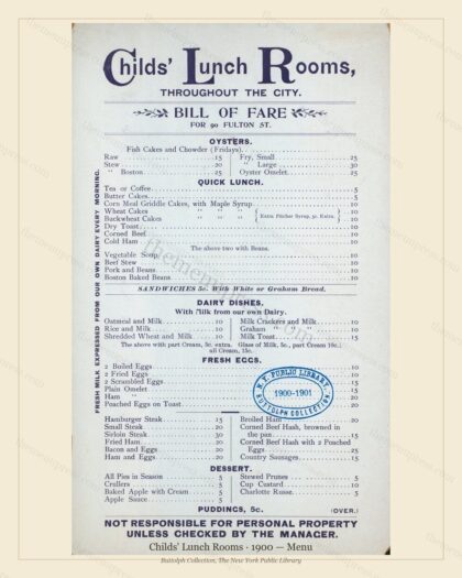 Vintage menu preview — 1900 Vintage Dinner Menu — 90 Fulton St., New York, Ny, Classic NYC French Resta