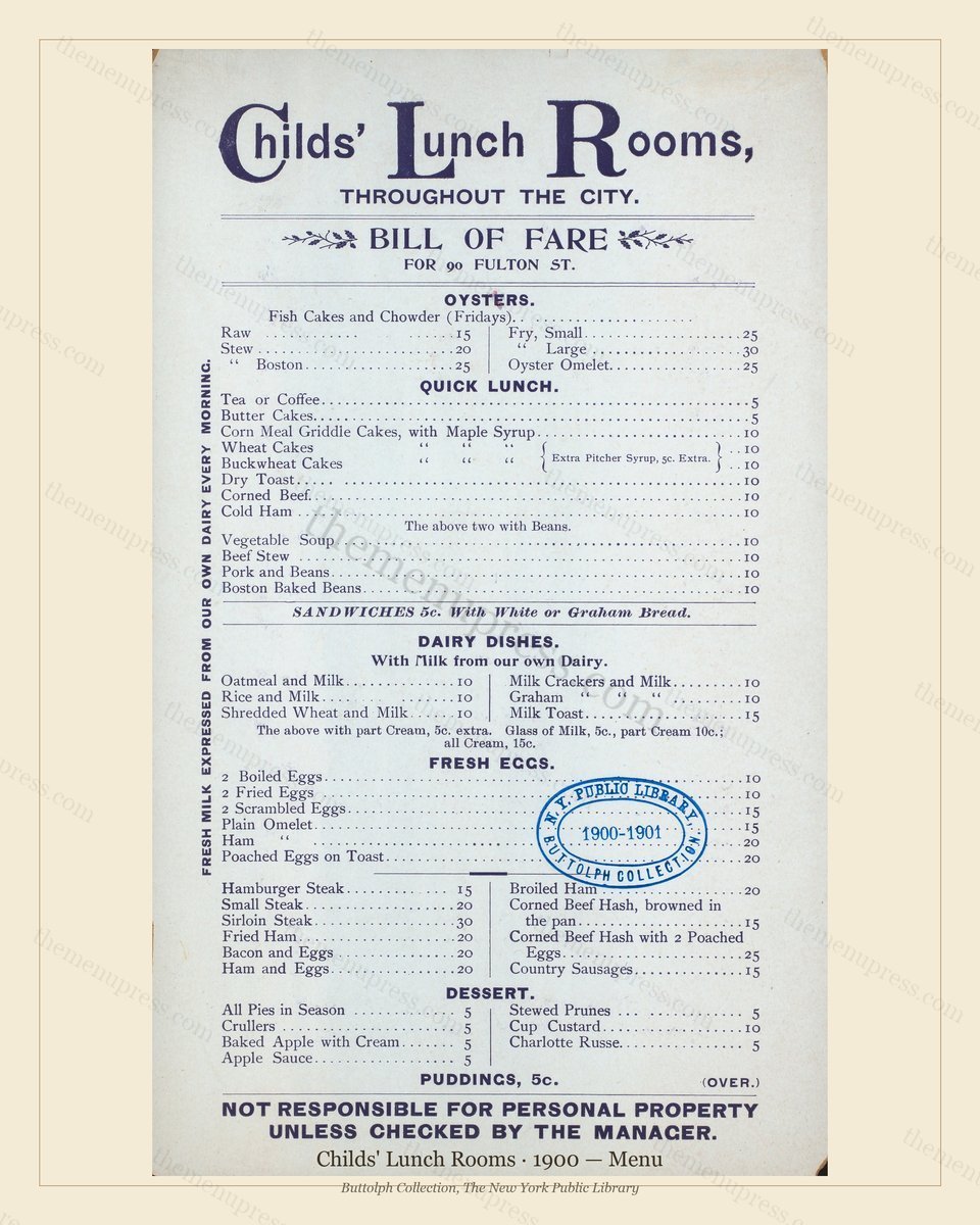 Vintage menu preview — 1900 Vintage Dinner Menu — 90 Fulton St., New York, Ny, Classic NYC French Resta