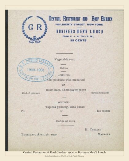 Central Restaurant & Roof Garden · 1900 — Business Men'S Lunch