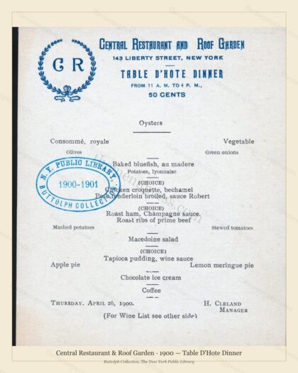 Vintage menu preview — 1900 Vintage Dinner Menu — New York, Ny, Classic NYC French Restaurant (Complete