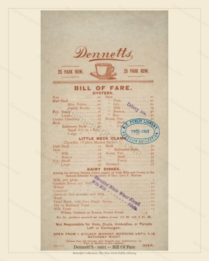 Vintage menu preview — 1901 Vintage Dinner Menu — 25 Park Row, New York, Ny, Classic NYC French Restaur