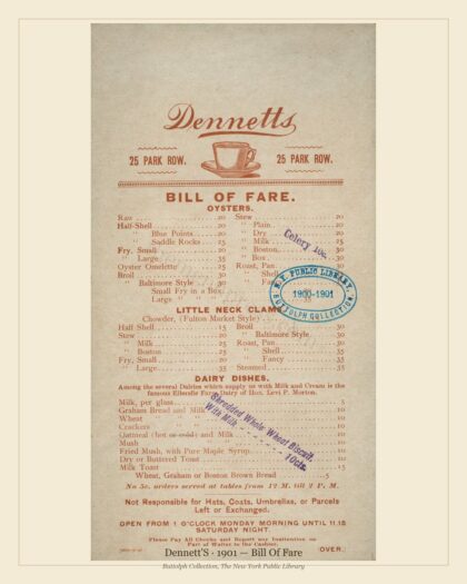 Dennett'S · 1901 — Bill Of Fare