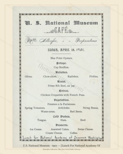 Vintage menu preview — 1901 Vintage Lunch Menu — Museum Cafe, Washington, D.C, Classic NYC French Resta