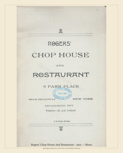 Rogers' Chop House And Restaurant · 1901 — Menu