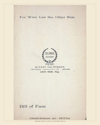 Columbia Restaurant · 1901 — Bill Of Fare