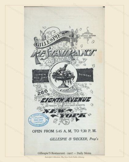 Vintage menu preview — 1907 Vintage Dinner Menu — 266 8Th Avenue, Between 23Rd & 24Th Sts,, Classic