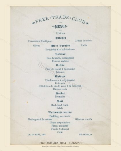 Vintage menu preview — 1884 Vintage Dinner Menu — Delmonico,New York Ny, Classic NYC French Restaurant