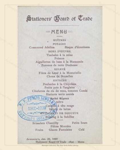 Vintage menu preview — 1890 Vintage Dinner Menu — Delmonico'S, New York, Ny, Classic NYC French Restaur