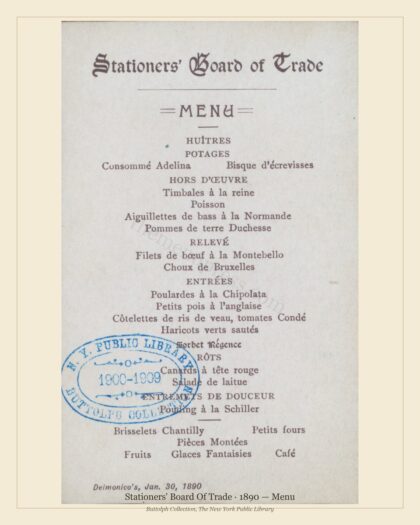 Stationers' Board Of Trade · 1890 — Menu