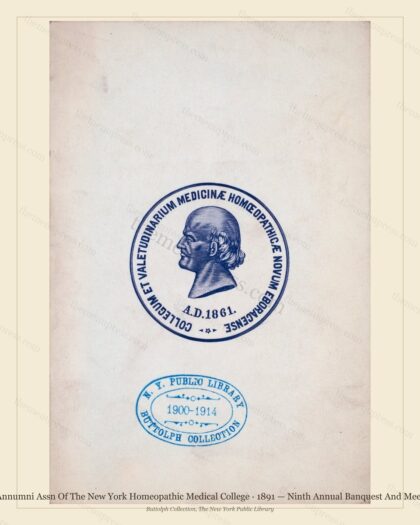 Vintage menu preview — 1891 Vintage Banquet Menu — Annumni Assn of the New York Homeopathic, Manhattan