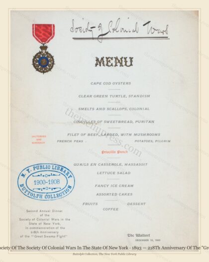 Vintage menu preview — 1893 Vintage Banquet Menu — Society of the Society of Colonial Wars , Manhattan