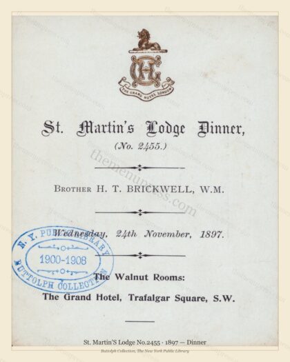 Vintage menu preview — 1897 Vintage Dinner Menu — St. Martin'S Lodge No.2455, Manhattan Gilded Age Banq
