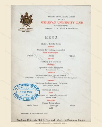Vintage menu preview — 1897 Vintage Dinner Menu — Wesleyan University Club of New York, Manhattan Gilde