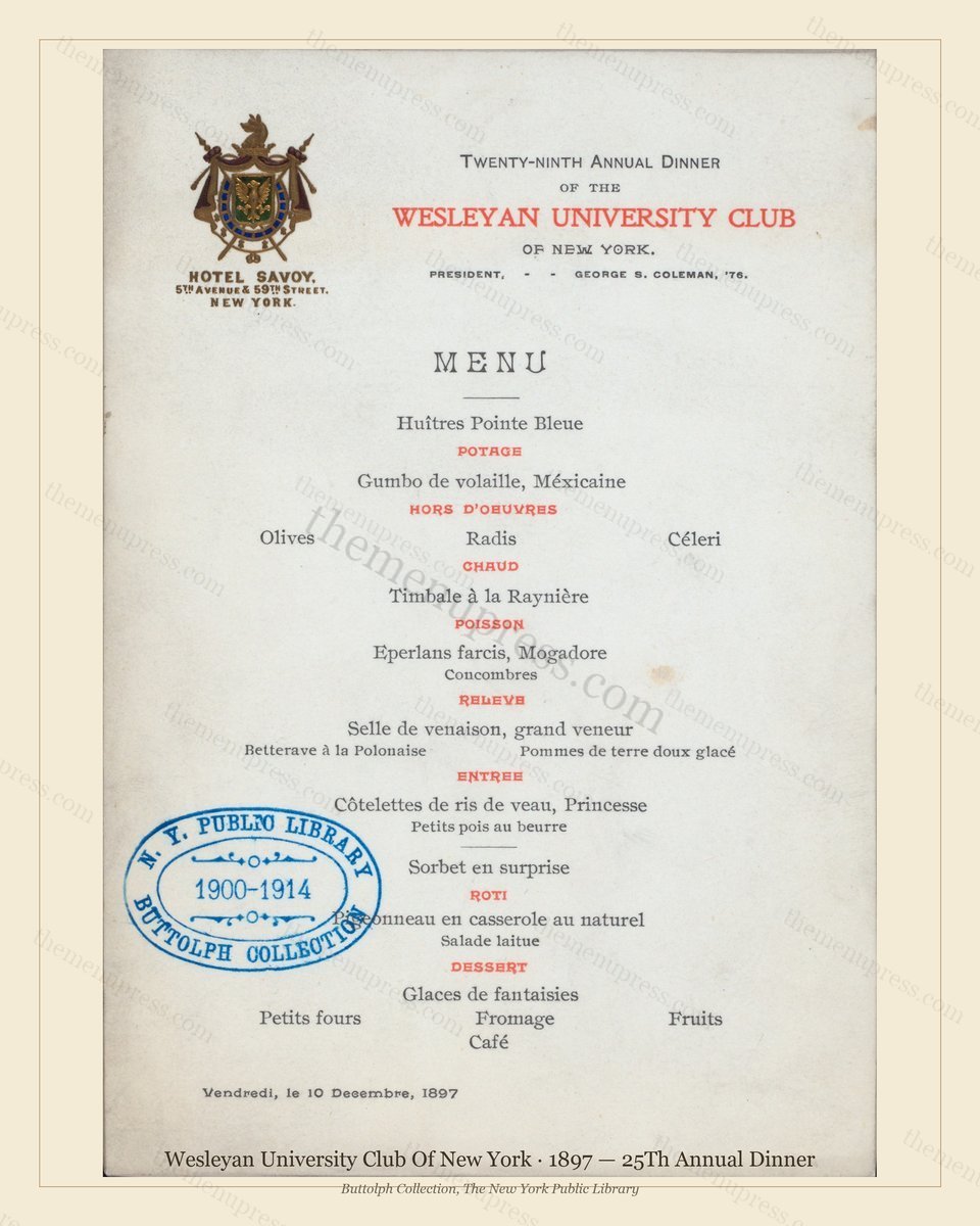 Vintage menu preview — 1897 Vintage Dinner Menu — Wesleyan University Club of New York, Manhattan Gilde