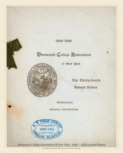Vintage menu preview — 1898 Vintage Dinner Menu — Dartmouth College Association of New Yor, Manhattan G