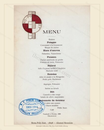 Vintage menu preview — 1898 Vintage Banquet Menu — Rens.Poly.Inst, Manhattan Gilded Age Banquet (Comple