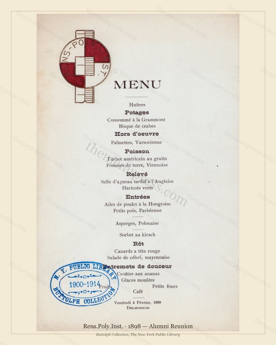 Vintage menu preview — 1898 Vintage Banquet Menu — Rens.Poly.Inst, Manhattan Gilded Age Banquet (Comple