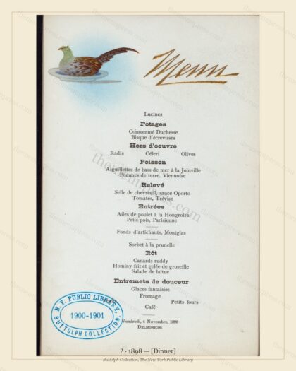 Vintage menu preview — 1898 Vintage Dinner Menu — ?, Manhattan Gilded Age Banquet (Complete 2-Page Arch