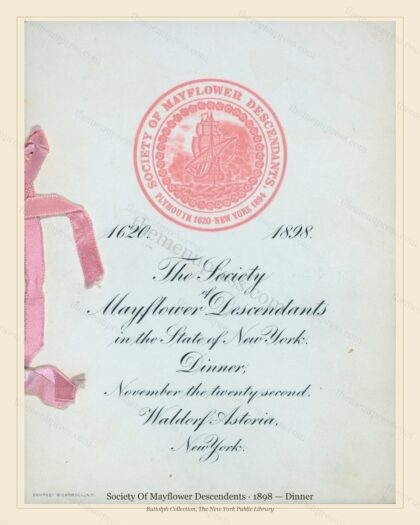 Vintage menu preview — 1898 Vintage Dinner Menu — Society of Mayflower Descendents, Manhattan Gilded Ag