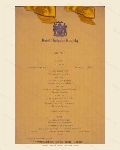 Vintage menu preview — 1898 Vintage Dinner Menu — Saint Nicholas Society, Manhattan Gilded Age Banquet