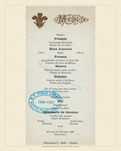 Vintage menu preview — 1898 Vintage Dinner Menu — Delmonico'S, Manhattan Gilded Age Banquet (Complete 2