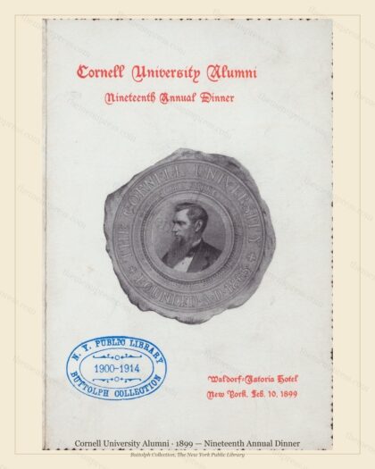 Vintage menu preview — 1899 Vintage Dinner Menu — Cornell University Alumni, Manhattan Gilded Age Banqu