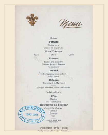 Delmonicos · 1899 — Menu
