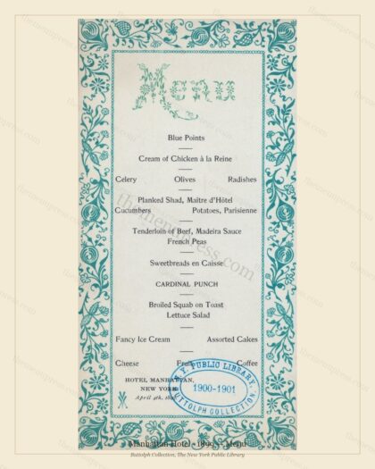Vintage menu preview — 1899 Vintage Banquet Menu — Manhattan Hotel, Manhattan Gilded Age Banquet (Compl