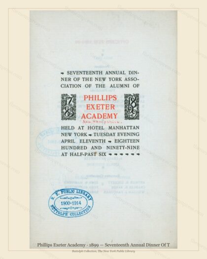 Vintage menu preview — 1899 Vintage Dinner Menu — Phillips Exeter Academy, Manhattan Gilded Age Banquet