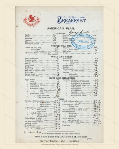 Vintage menu preview — 1900 Vintage Breakfast Menu — Brevoort House, Manhattan Gilded Age Banquet