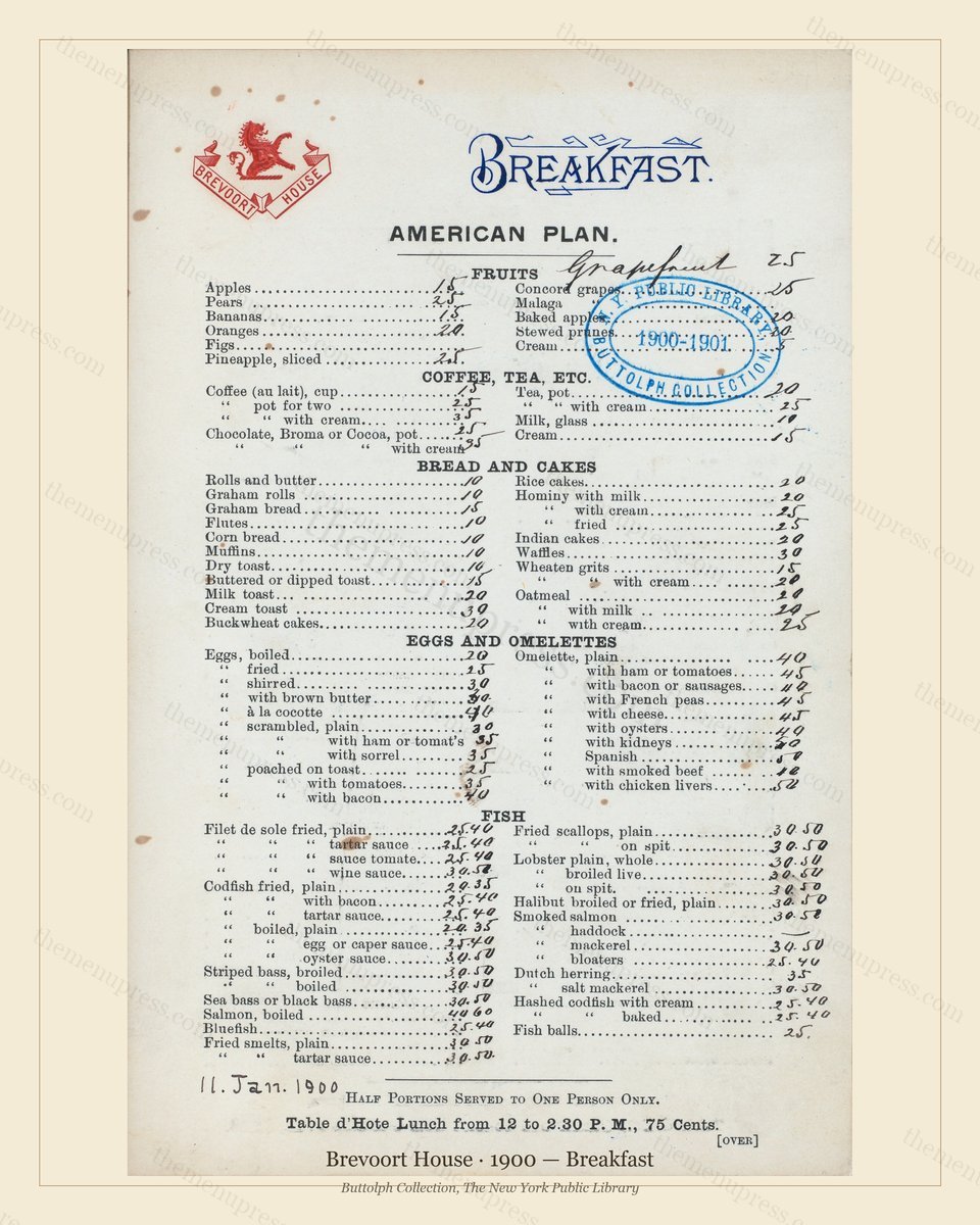 Vintage menu preview — 1900 Vintage Breakfast Menu — Brevoort House, Manhattan Gilded Age Banquet