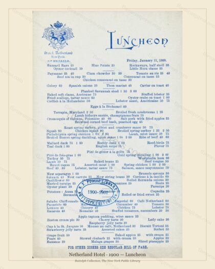 Vintage menu preview — 1900 Vintage Lunch Menu — Netherland Hotel, Manhattan Gilded Age Banquet (Comple