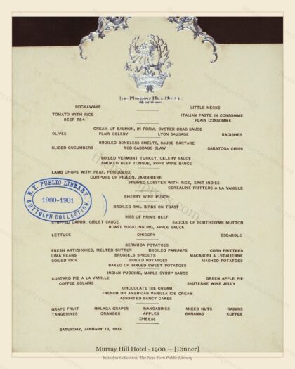 Vintage menu preview — 1900 Vintage Dinner Menu — Murray Hill Hotel, Manhattan Gilded Age Banquet (Comp