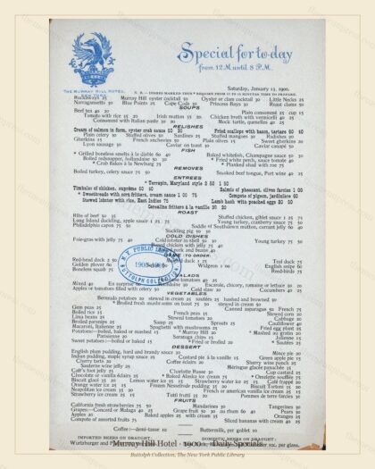 Vintage menu preview — 1900 Vintage Banquet Menu — Murray Hill Hotel, Manhattan Gilded Age Banquet