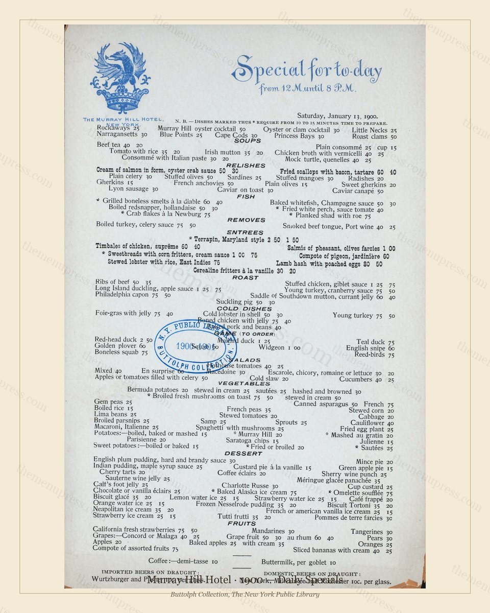 Vintage menu preview — 1900 Vintage Banquet Menu — Murray Hill Hotel, Manhattan Gilded Age Banquet