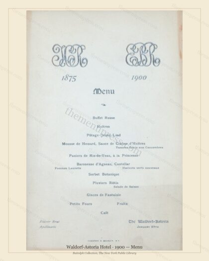 Vintage menu preview — 1900 Vintage Banquet Menu — Waldorf-Astoria Hotel, Manhattan Gilded Age Banquet