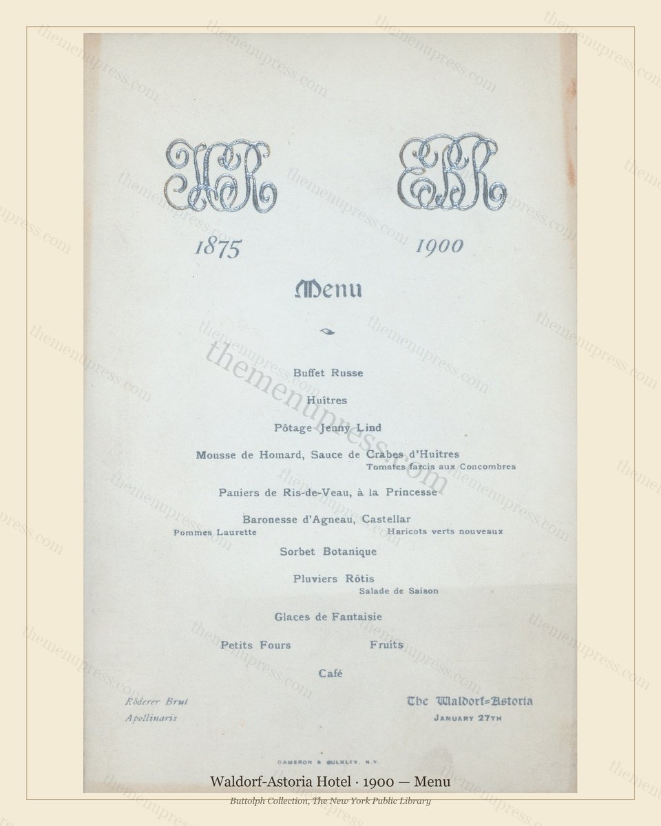 Vintage menu preview — 1900 Vintage Banquet Menu — Waldorf-Astoria Hotel, Manhattan Gilded Age Banquet