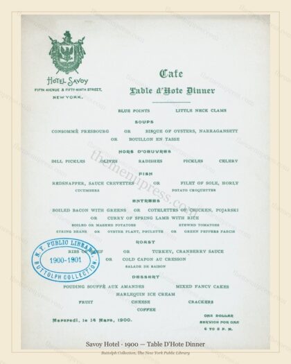 Vintage menu preview — 1900 Vintage Dinner Menu — Savoy Hotel, Manhattan Gilded Age Banquet (Complete 2