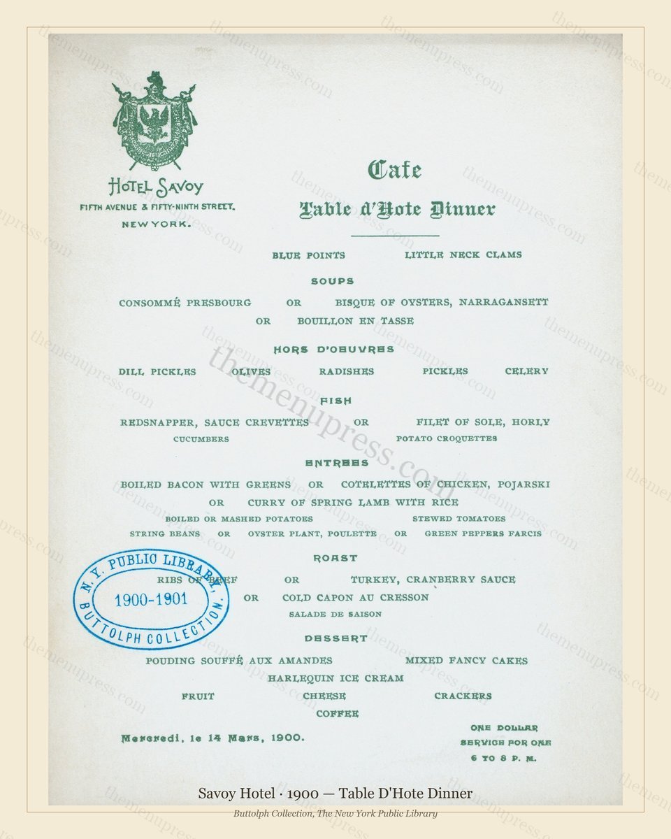 Vintage menu preview — 1900 Vintage Dinner Menu — Savoy Hotel, Manhattan Gilded Age Banquet (Complete 2