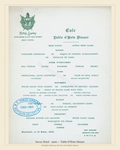 Savoy Hotel · 1900 — Table D'Hote Dinner