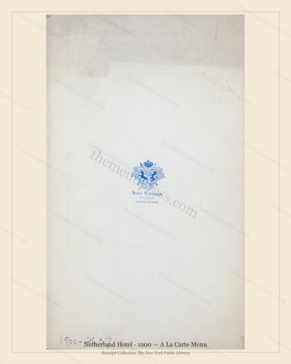 Vintage menu preview — 1900 Vintage Banquet Menu — Netherland Hotel, Manhattan Gilded Age Banquet (Comp