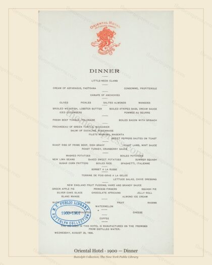 Vintage menu preview — 1900 Vintage Dinner Menu — Oriental Hotel, Manhattan Gilded Age Banquet (Complet