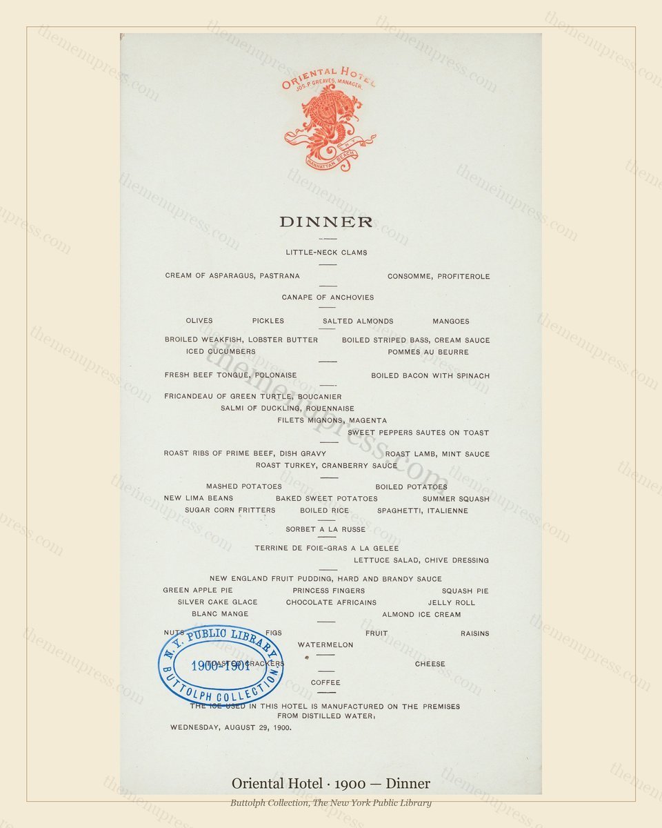 Vintage menu preview — 1900 Vintage Dinner Menu — Oriental Hotel, Manhattan Gilded Age Banquet (Complet