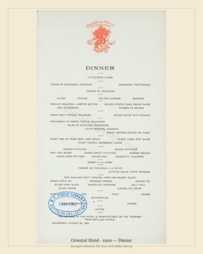 Oriental Hotel · 1900 — Dinner