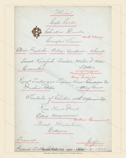Vintage menu preview — 1900 Vintage Lunch Menu — Round Table Club, Manhattan Gilded Age Banquet (Comple