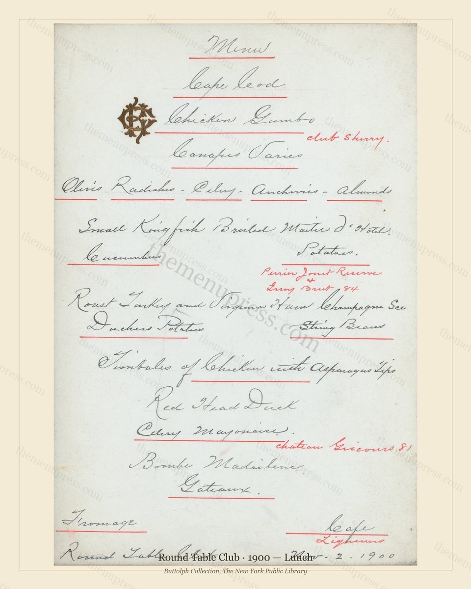 Vintage menu preview — 1900 Vintage Lunch Menu — Round Table Club, Manhattan Gilded Age Banquet (Comple