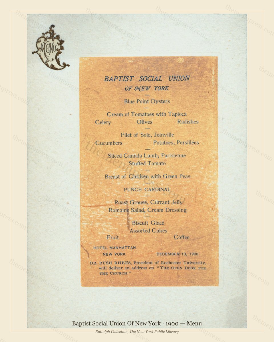 Vintage menu preview — 1900 Vintage Banquet Menu — Baptist Social Union of New York, Manhattan Gilded A
